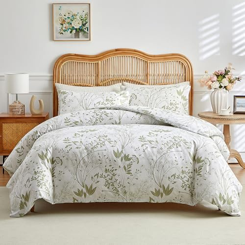 RongRongIN Bettwäsche Set 155 x 220 cm Pflanze Serie mit Reißverschluss – Weiß Blatt Blume, Bettbezug 155x220cm und 1 Kissenbezug 80x80cm, Weich Bequem Wendebettwäsche Bettwaren
