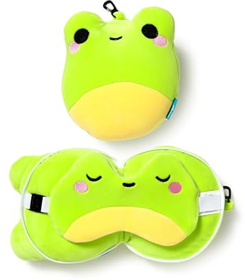 Relaxeazzz Silas the Frog Adoramals Travel Pillow & Eye Mask - Sleep Eye Mask Masks - Kids Travel Accessories for Sleeping Airplane - Flight Plane Neck Pillow Pillows