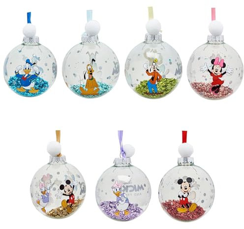 Disney – Juego de 7 bolas para árbol de Navidad – Mickey & Friends – Mickey & Minnie Mouse, Donald & Daisy Duck, Goofy & Pluto – Producto oficial – Adorno de Navidad.