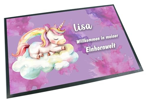 Unikatolo Einhorn Fußmatte mit Name personalisiert Bedruckt | lila Kinderzimmer Dekoration, Geschenk für Kinder zu Geburtstag, Taufe, Geburt, Einzug Türvorleger rutschfest und waschbar (50x35 cm)