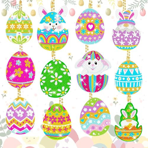 QUANMAITONG 5D Diamond Painting Ostern Schlüsselanhänger Basteln,12 Stück DIY Ostereier Kinder Diamond Painting Hase Frühling Anhänger Ostern Geschenke Kinder