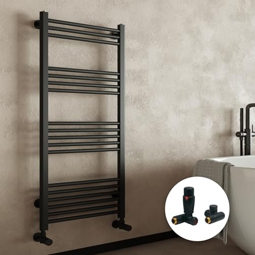 Matt Black Bathroom Straight Heated Towel Rail Radiator 600 x 1400 & Dual Fuel Thermostatic Corner Valves