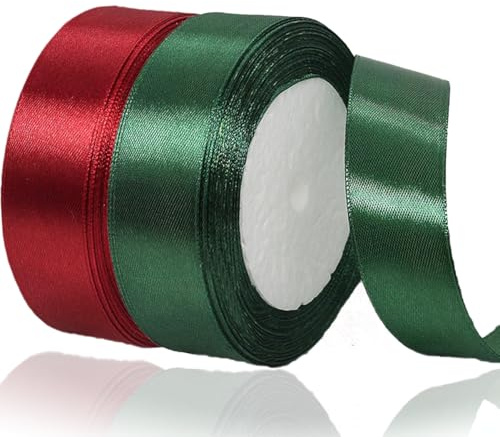 2 Rollen Satinband Weihnachten 20mm Breit, Geschenkband Burgunder und Dunkelgrün Schleifenband Stoff Satinbänder für Blumensträuße, Geschenkverpackung, Weihnachten, Hochzeit und DIY Kunsthandwerk