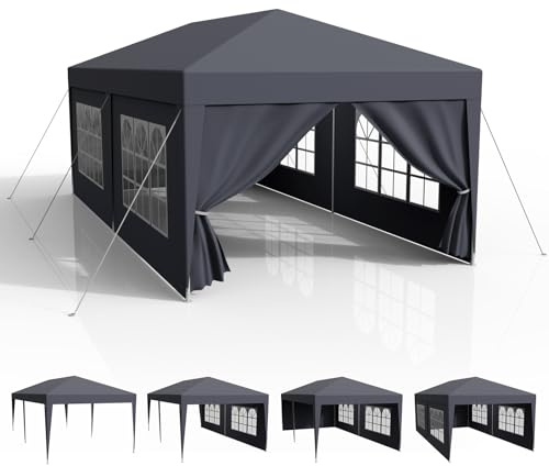 Pavillon Wasserdicht 3x6m, Garten Pavillon Stabil Stecksystem-Metallgestänge, Festzelt für Party-Camping-Markt, Party Zelt PE-Plane, Faltpavillon mit Seitenwänden, Erdhaken, UV-Schutz, Anthrazit
