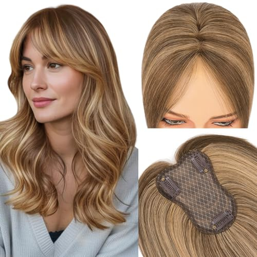 MY-LADY Haartopper Echthaar für Frauen 20g Mittelbraun/Dunkelblond Leicht Hair Topper Clip in Extensions Natürliche - für Dünnes Haar Ohne Pony (#4P27)