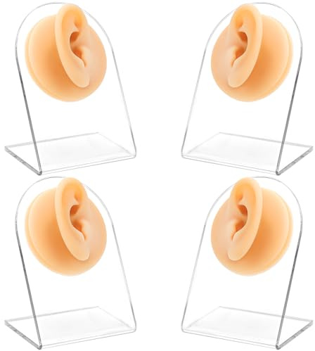 ZENFUN Lot de 4 modèles d'oreille en silicone souple pour la pratique du perçage, fausses oreilles flexibles gauche et droite avec support en acrylique, oreille réaliste pour affichage de boucles