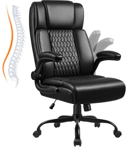 Waleaf Chefsessel Bürostuhl aus Leder, Ergonomischer Bürostuhl mit Hoher Rückenlehne und Verstellbaren Armlehnen, Belastbar bis 150 kg, PC-Stuhl mit Rollen für Büro und Homeoffice, Schwarz