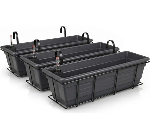 Plastard selbstwässernd Blumenkasten 100 cm 3er Set Anthrazit Pflanzkasten | robuste Metallkorb - Witterungs- UV- & frostbeständig Pflanzkübel für Balkon, Garten & Terrasse mit Wasserstandsanzeiger