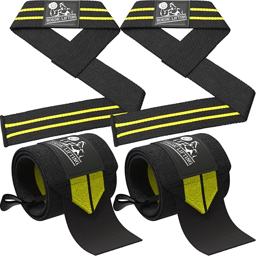 Handgelenkbandagen + Zughilfen Bundle (2 Paar) für Gewichtheben, Cross-Training, Fitnessstudio, Powerlifting, Bodybuilding, Unterstützung für Frauen & Männer, Verletzungsfrei, Gelb (Black Yellow)