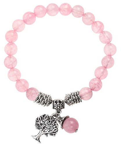 Jovivi 8mm Bracelet Quartz Rose Arbre de Vie Réglable Tressé à la Main Pierre Naturelle Précieuse Extensible Elastique Tibétin Bouddhiste Bijoux Bracelet Femme