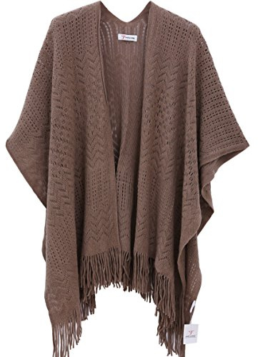 Stickad sjal för kvinnor – själ unga damer frans stickad poncho cardigan cape, Khaki, one size