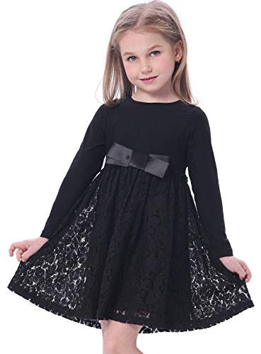 BONNY BILLY Vestito Bambina Elegante Casual Cotone Pizzo Invernale Manica Lunga con Fiocco 8-9 Anni Nero