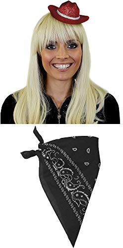 Ilovefancydress Mini-Cowgirl-Hut mit schwarzem Paisley-Bandana, ideal für Westernpartys oder Junggesellinnenabschiede, Rot
