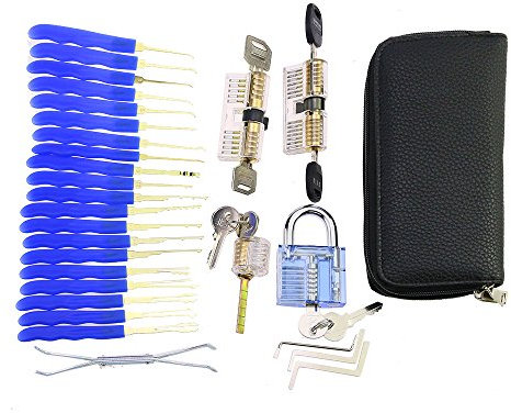 TPM Go - Set di 24 grimaldelli in titanio con 4 lucchetti trasparenti, strumento professionale per il blocco