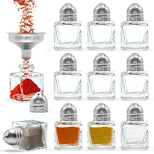 Srenta Lot de 24 petites salières et poivrières en vrac avec outil d'entonnoir, mini salière et poivrière en verre transparent avec dessus en acier inoxydable pour table de mariage et fête, 14,2 g