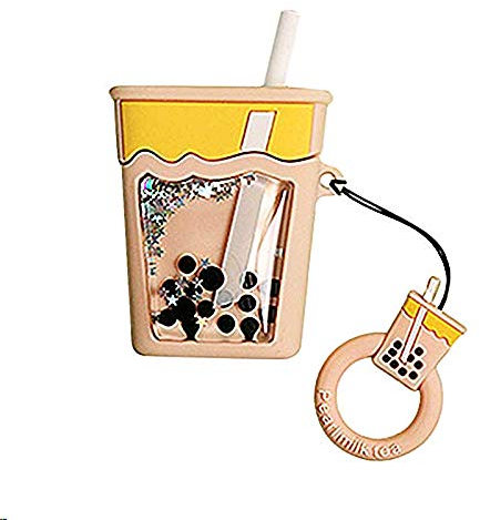 IPLUS 3D Liquid Cartoon AirPods Hülle, Super Cute Bling Bubble Tea Shiny Sparkle Quicksand Cover, Soft Silicone Protective Airpods 1 & 2 Stand Mini Bag with Fingerloop (Bubble Tee)