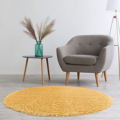 carpet city Hochflor Teppich Wohnzimmer - Einfarbig Gelb - 160x160 cm Rund - Shaggyteppich Langflor Uni - Schlafzimmerteppich Flauschig Weich - Moderne Wohnzimmerteppiche