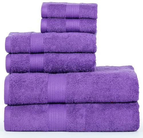 Ample Decor 100% Cotton Luxury, Soft & Absorbent 6 Piece Towels Set, 2 Bath Towels, 2 Hand Towels, 2 Wash Cloths for Bathroom - Purple