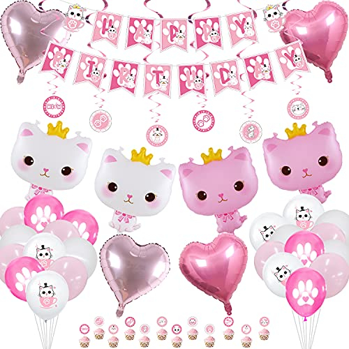 XJLANTTE Katzengeburtstagsfeierzubehör - Katzen-alles- Gute zum Geburtstagbanner, Kronen-Katzenballon, Katzenpfoten-Macaron-Ballon, Herzballon (Set 01)