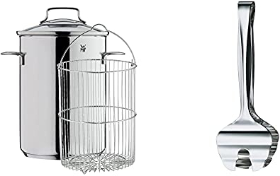 WMF Spargeltopf hoch mit Glasdeckel 16cm, Dampfgarer 5,0l, Cromargan Edelstahl poliert & Spargelzange 16 cm, Cromargan Edelstahl poliert, Servierzange für Spargel, Gemüse, Fisch, spülmaschinengeeignet