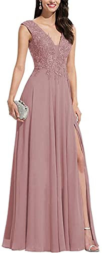 KURFACE Robe de demoiselle d'honneur en dentelle avec col en V et fente pour mariage, vieux rose, 48