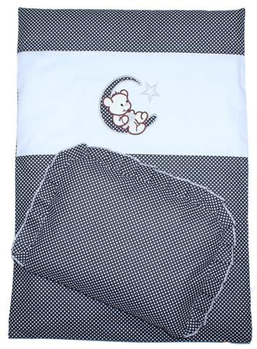 Kinderwagenset Baby Kind - Bärchen auf dem Mond - Kinderwagendecke mit Kissen Decke mit Kissen (4 teilig, Punkten Schwarz)