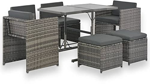 vidaXL Outdoor Essgruppe 7-teilig mit Kissen Terrasse Outdoor Rasen Hof Terrasse Balkon Sitzgelegenheit Essgruppe Möbel Poly Rattan Grau