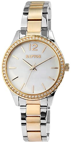 Raptor Damen-Uhr Edelstahl Armbanduhr perlmuttfarbigen Zifferblatt silberfarbig goldfarbig Glitzer Japanisches Quarzwerk