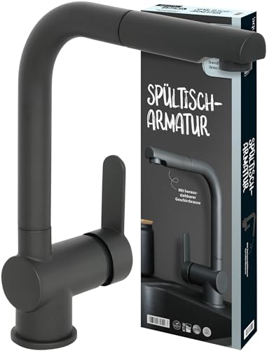 AquaSu® Limited 870344 Robinet d'évier de cuisine avec douchette extractible, réglage de l'eau froide économique, cartouche en céramique, laiton, gris mat