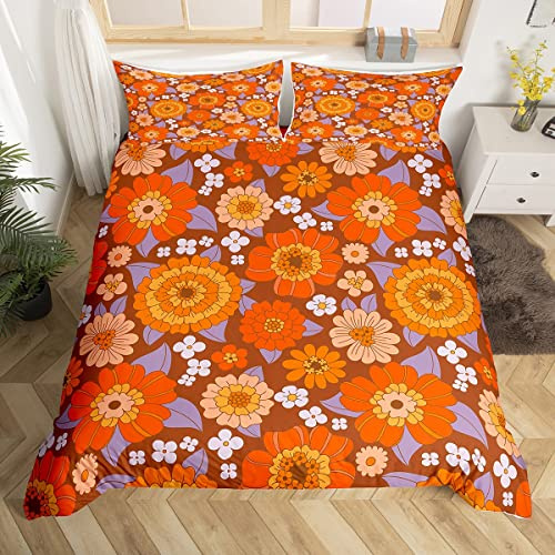 70S Groovy Flowers Boho Bedding Set Super King Hippie Vintage Floral Comforter Cover Retro Sunflowers Dahlias Duvet Cover For Girls Teen Women,Psychedelic Aesthetic Quilt Cover Zipper 3 Pcs Colorful