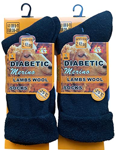 ZRWASKA Men's Diabetic Merino Wool Socks Extra Warm Thermal Sock 2.4 TOG UK Size 6-11Wol Blend, Hiking, Walking, Outdoor Winter 2 Pairs Sox (Pack of 2 (Black))