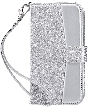 ULAK for iPhone 14 Case Wallet with Card Holder Kickstand, Silver Glitter | [RFID Blocking] Flip Case Premium PU Leather + TPU Bumper Full Protective Phone Cover for iPhone 14 6.1 inch
