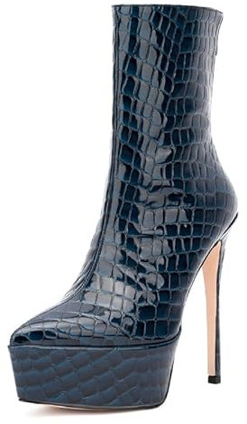 Pelle verniciata moda stivaletti pizzo punta cerniera a spillo con tacco super alto fatto a mano metà gambo stivali per le donne di grandi dimensioni zd34s, Blu 2., 41 EU