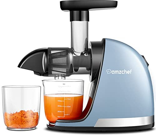 AMZCHEF Extracteur Jus - Extracteur de Jus de Fruits et Légumes - Presses-agrumes à Froid sans BPA avec 2 Tasses et Brosse - Fonction de Mastication Inversée pour Éviter les Blocages - Bleu Doux