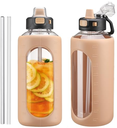 Kodrine 64 oz Half Gallon Water Bottle with Straw, Large Glass Water Bottle with Locking Leak-Proof Lid and Soft Silicone Spout, Water Jug with Carry Handle, Motivational Time Marker, Amber
