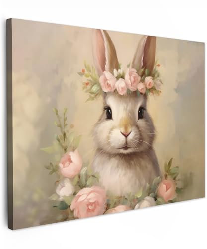 MuchoWow© Impression sur Toile Decoration Murale Peinture 70x50 cm Tableaux Decoratifs Muraux Décoration Chambre Chambre enfant - Femme - Lapin - Fleurs - Rose - Animaux