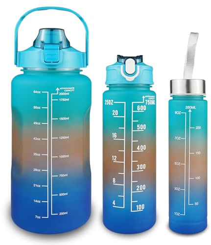 AstralGrip Wasserflaschen, 2L/0.75L/0.28L Sport Trinkflasche mit Zeitmarkierung, BPA Freie breite Mund Lecksichere Motivierende Wasserflaschen für Sport im Freien, Fitnessraum (3-pack)