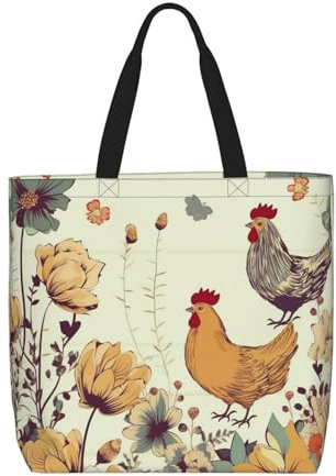 DEHIWI Tragetasche für Damen, Motiv: Henne fliegende Schmetterlinge unter Blumen, wasserdicht, lässig, Schultertasche mit Reißverschluss, Lebensmittelhandtaschen für Büro, Einkaufen, Reisen, Schwarz,