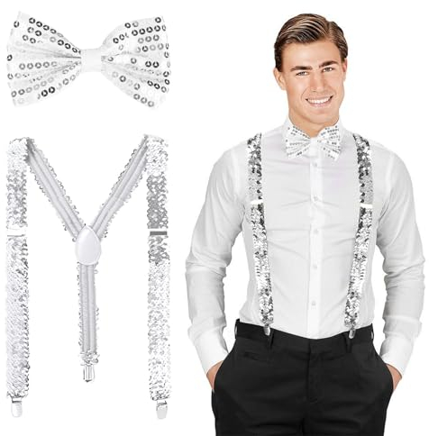 Silvester Kostüm Accessories, Pailletten Hosenträger und Fliege Glitzer Silvester Outfit, Dance Performance Accessories pailletten Set für Karneval Mottoparty Herren Damen Kostüm Zubehör (Silber)