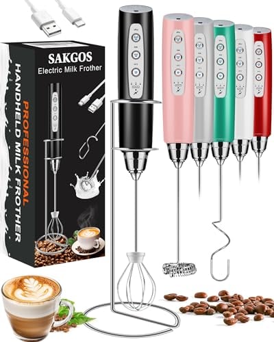 Sakgos Milk Frother with Stand Rechargeable-Handheld Coffee Frother with 3 Stainless Whisks 3 Speed Adjustable, Electric Whisk Drink Mixer, Foam Maker Blender for Matcha Latte Cappuccino Chocolate