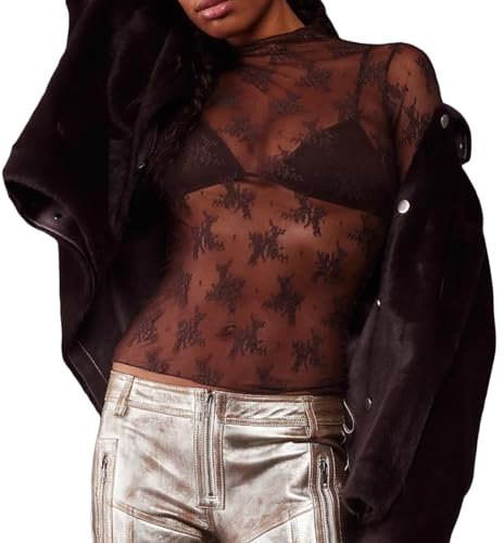 Caziffer Women's Lace Layering Top Long Sleeve Sheer Mesh Mock Neck Undershirt Y2K Lace Floral Tops See Through Shirt Blouse (Embroidery Flower Brown, XL)