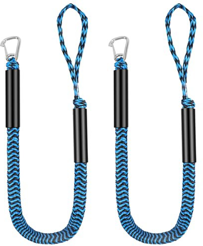 Boat Bungee Dock Lines with 316 Hook, 4 Feet Stretches to 6 Feet Mooring Rope 2-Pack for Docking, Mooring Line Boat Accessories Docking Ropes PWC Dock Ties for Boats (Blue&Black)