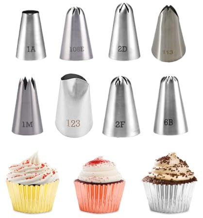 8 Piezas boquillas pasteleras profesionales grandes (2D/1M/6B/113/123/2F/1A/108E) para manga pastelera -Decoración De Tartas,decoración y preparación de cupcakes, tartas, buñuelos, croquetas