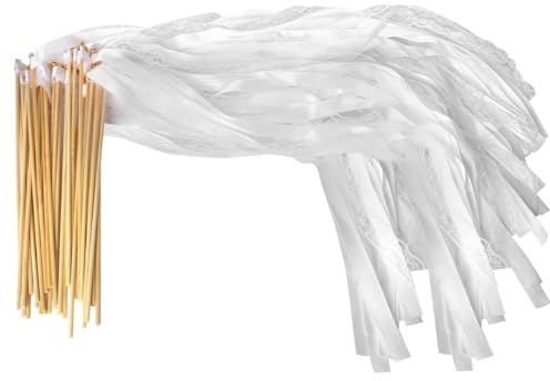ZOYDP 50 Pièces Blanc Baguette Ruban Mariage, Baguettes De Mariage en Soie Avec Cloche, Baguette Ruban Clochette Mariage pour Mariage, Anniversaire, Fête Célébration De Vacances (Blanc)