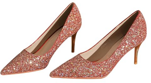 Glitter Pumps Mid Heels Comfortable Evening Shoes Stiletto High Heel Lace Toe Cap 7.5 cm Party Wedding Dress Shoes, Red 9 cm, 4 UK