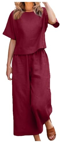 AMhomely Baumwoll-Leinen-Outfits für Damen, zweiteilig, weites Bein, Hosenset, kurzärmelig, Sommer-Outfits, elastische Taille, Freizeit-Sets, Rundhalsausschnitt, Baggy, Urlaubs-Outfits, Loungwear
