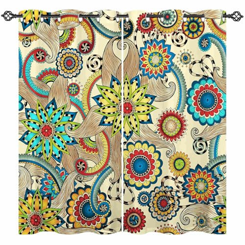 ANHOPE Bunte Boho Ethnisch Florale Verdunklungsvorhänge mit Ösen Blickdichte Gardinen Thermo Vorhänge Blackout Curtain Weich Wohnzimmer Schlafzimmer Vorhang 2er Set H 138 x B 132 cm
