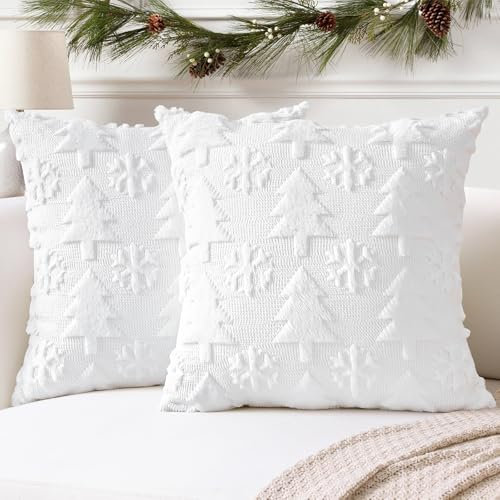 Artscope 2er Set Wolle Kissenbezüge Weicher Plüsch Kurzer Wollsamt Dekokissenbezuge Sofakissen Europäische Kissenhülle für Sofa Schlafzimmer Weihnachtsbaum und Schneeflocke Weiß, 50x50cm