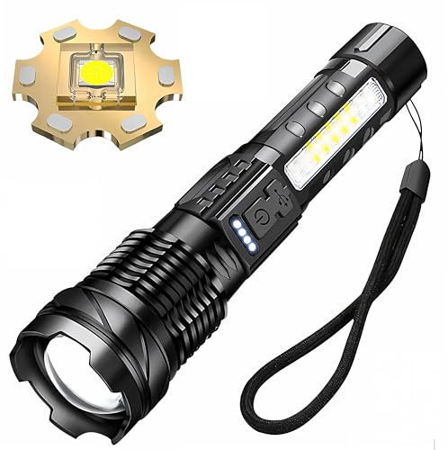 LED Taschenlampe aufladbar USB extrem hell mit Zoom und COB Seitenlicht | effektive Leuchtweite -200m, rot/blau Blitzlicht, Stroboskop, Handschlaufe, Gürtelclip, integrierter 18650 Akku