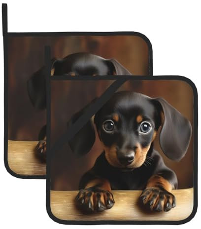Topflappen mit Dackel-Motiv, hitzebeständig, wasserdicht, leicht zu reinigen, für Küche, Kochen, Backen, Ofen, Grill, Einweihungsgeschenk, 2 Stück